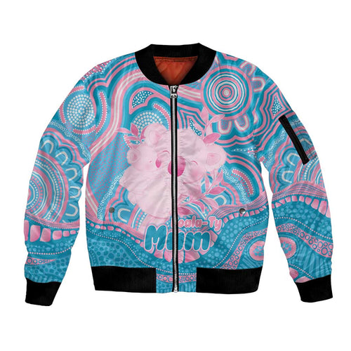 Koala Mum Australia Mother's Day Personalised Sleeve Zip Bomber Jacket Pink and Blue Aboriginal Art