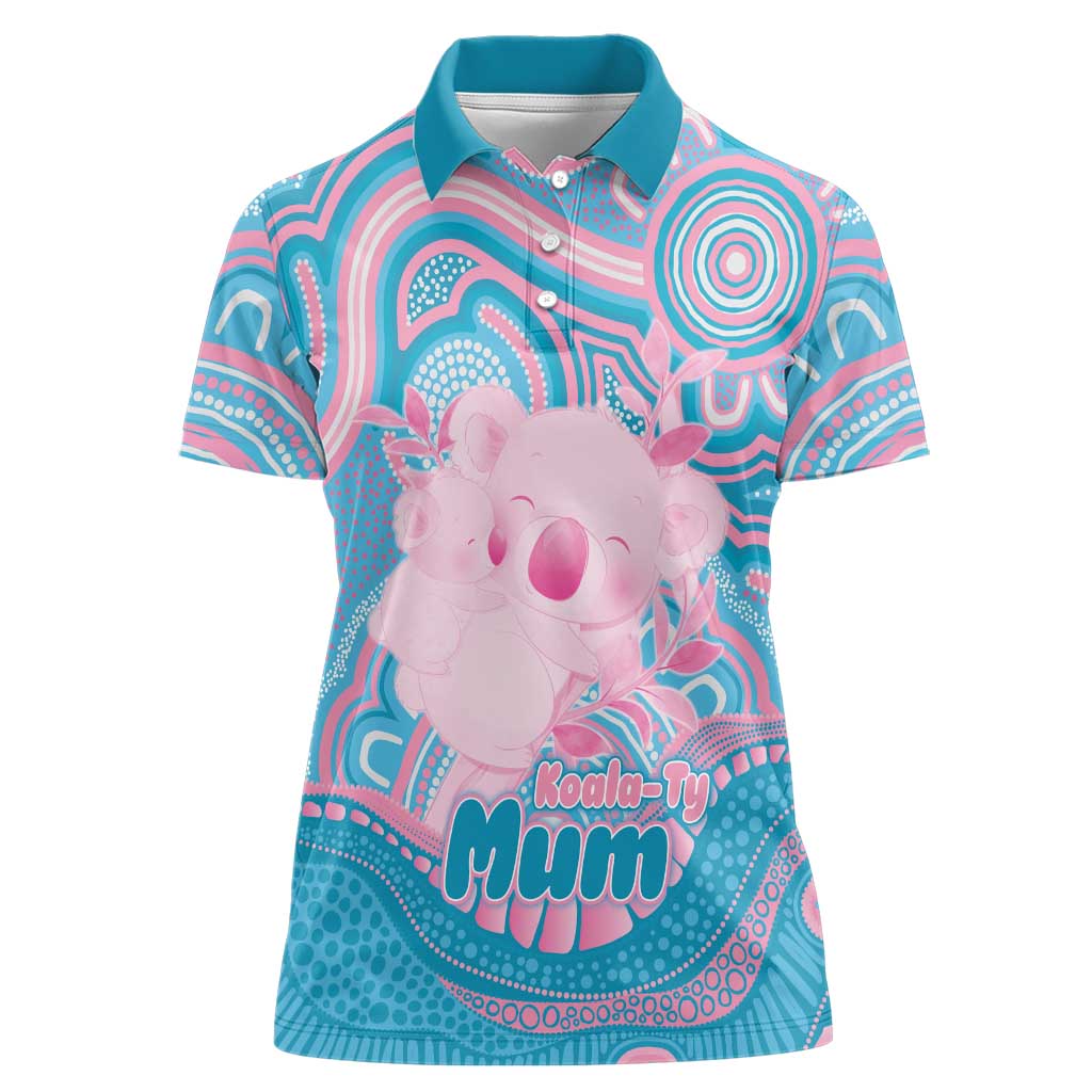 Koala Mum Australia Mother's Day Personalised Women Polo Shirt Pink and Blue Aboriginal Art