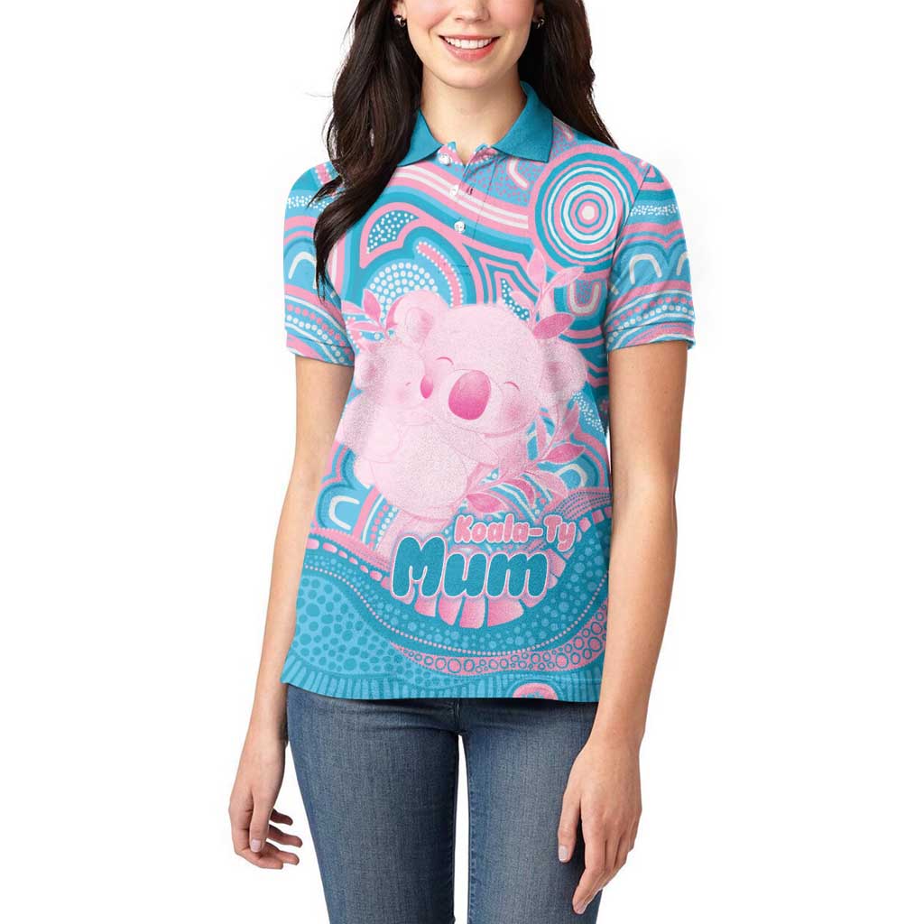 Koala Mum Australia Mother's Day Personalised Women Polo Shirt Pink and Blue Aboriginal Art