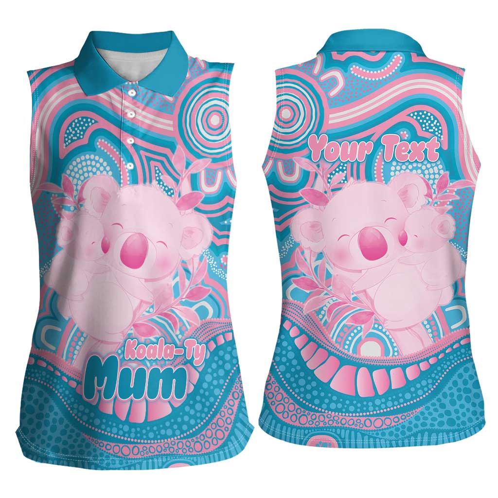 Koala Mum Australia Mother's Day Personalised Women Sleeveless Polo Shirt Pink and Blue Aboriginal Art