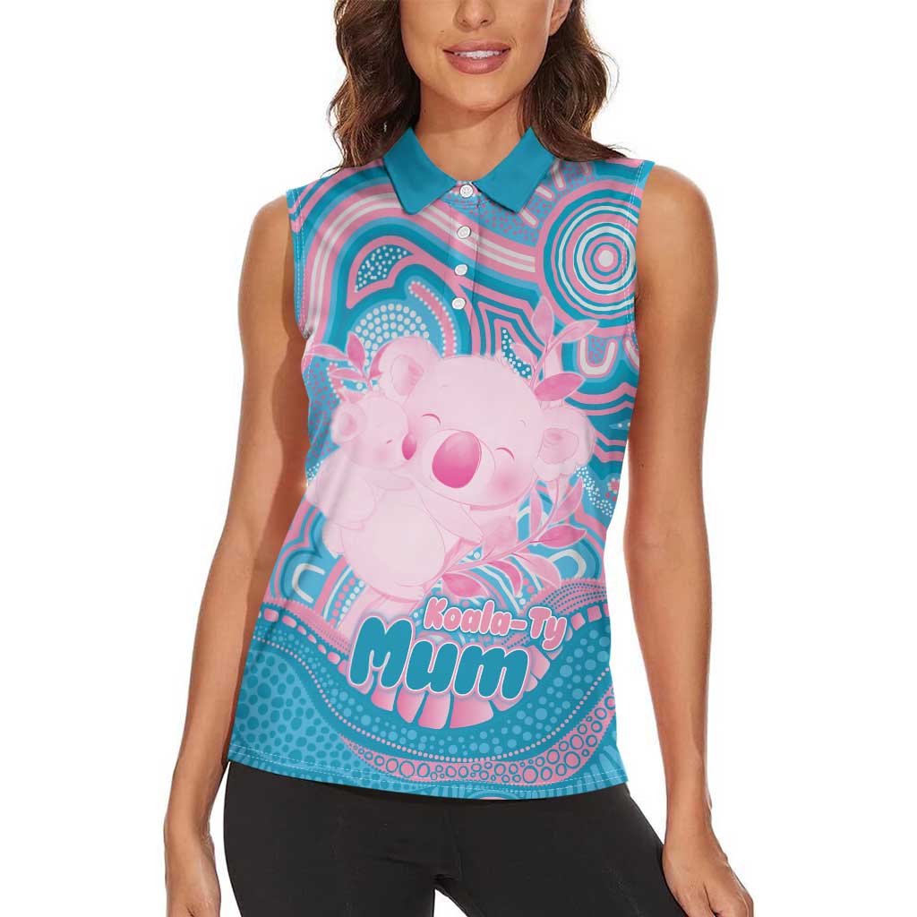 Koala Mum Australia Mother's Day Personalised Women Sleeveless Polo Shirt Pink and Blue Aboriginal Art