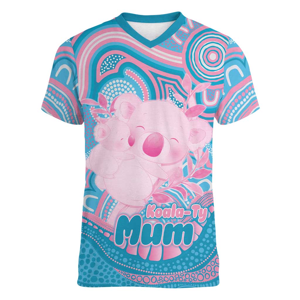 Koala Mum Australia Mother's Day Personalised Women V-Neck T-Shirt Pink and Blue Aboriginal Art