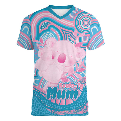 Koala Mum Australia Mother's Day Personalised Women V-Neck T-Shirt Pink and Blue Aboriginal Art