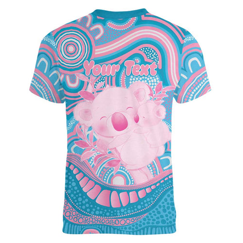 Koala Mum Australia Mother's Day Personalised Women V-Neck T-Shirt Pink and Blue Aboriginal Art