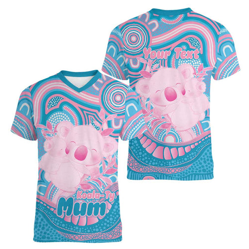 Koala Mum Australia Mother's Day Personalised Women V-Neck T-Shirt Pink and Blue Aboriginal Art