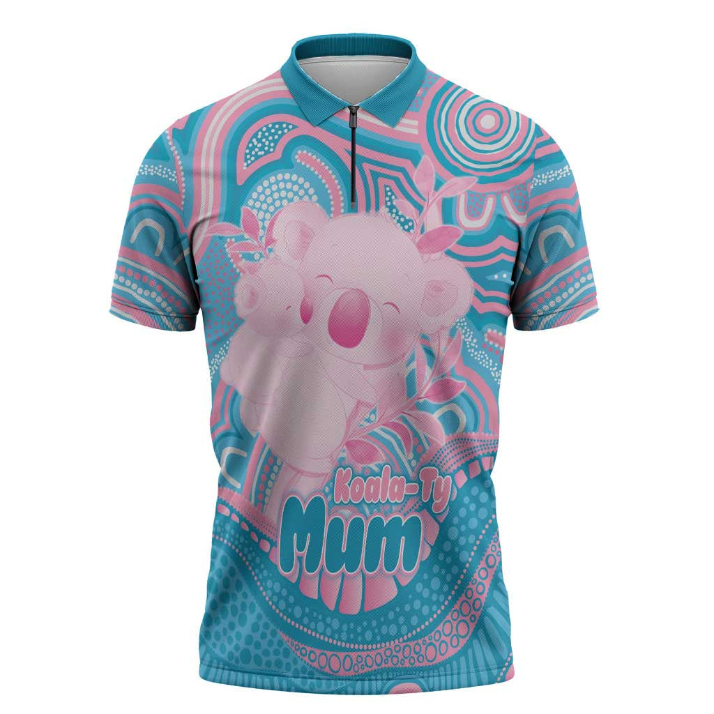Koala Mum Australia Mother's Day Personalised Zipper Polo Shirt Pink and Blue Aboriginal Art