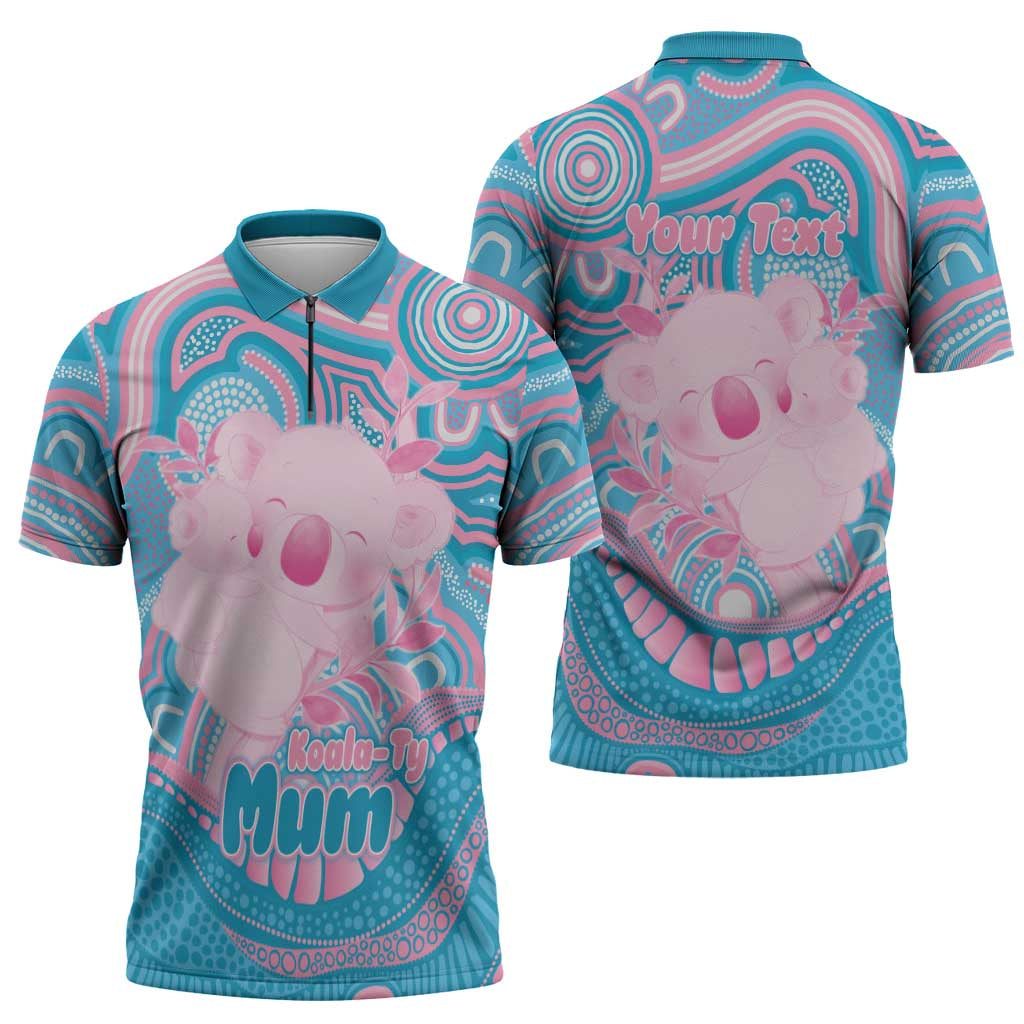 Koala Mum Australia Mother's Day Personalised Zipper Polo Shirt Pink and Blue Aboriginal Art