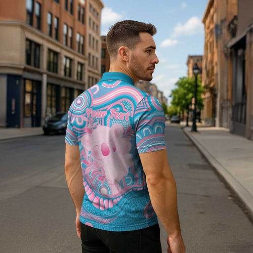 Koala Mum Australia Mother's Day Personalised Zipper Polo Shirt Pink and Blue Aboriginal Art