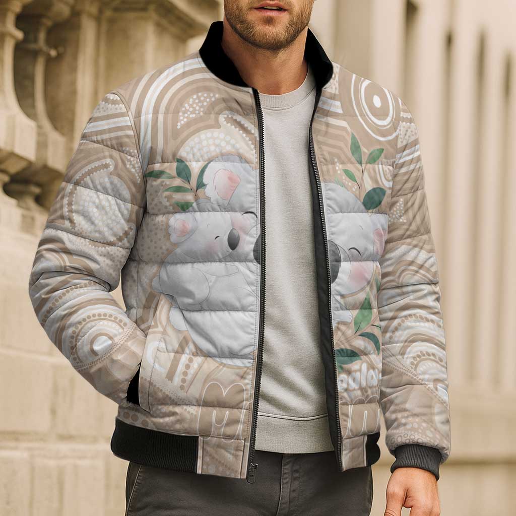 Koala Mum Australia Mother's Day Personalised Bomber Puffer Jacket Beige Aboriginal Art