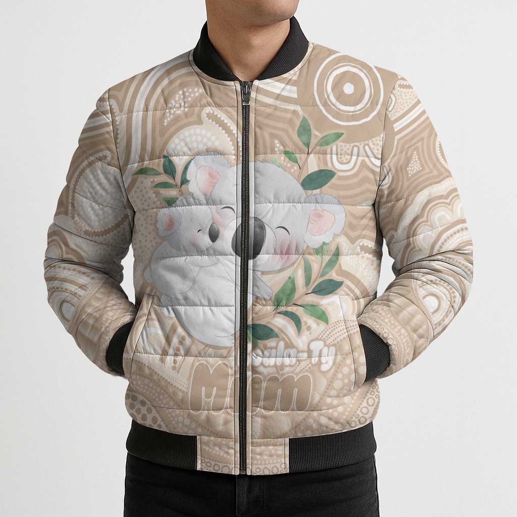 Koala Mum Australia Mother's Day Personalised Bomber Puffer Jacket Beige Aboriginal Art