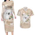 Koala Mum Australia Mother's Day Personalised Couples Matching Long Sleeve Bodycon Dress and Hawaiian Shirt Beige Aboriginal Art