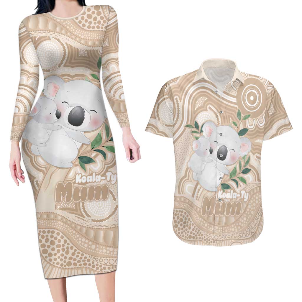 Koala Mum Australia Mother's Day Personalised Couples Matching Long Sleeve Bodycon Dress and Hawaiian Shirt Beige Aboriginal Art