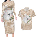 Koala Mum Australia Mother's Day Personalised Couples Matching Long Sleeve Bodycon Dress and Hawaiian Shirt Beige Aboriginal Art