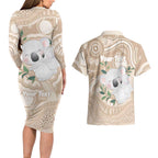 Koala Mum Australia Mother's Day Personalised Couples Matching Long Sleeve Bodycon Dress and Hawaiian Shirt Beige Aboriginal Art