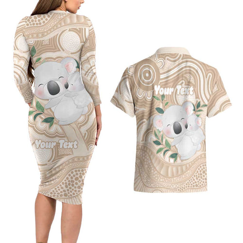 Koala Mum Australia Mother's Day Personalised Couples Matching Long Sleeve Bodycon Dress and Hawaiian Shirt Beige Aboriginal Art