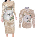 Koala Mum Australia Mother's Day Personalised Couples Matching Long Sleeve Bodycon Dress and Long Sleeve Button Shirt Beige Aboriginal Art