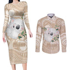 Koala Mum Australia Mother's Day Personalised Couples Matching Long Sleeve Bodycon Dress and Long Sleeve Button Shirt Beige Aboriginal Art
