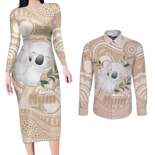 Koala Mum Australia Mother's Day Personalised Couples Matching Long Sleeve Bodycon Dress and Long Sleeve Button Shirt Beige Aboriginal Art