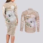 Koala Mum Australia Mother's Day Personalised Couples Matching Long Sleeve Bodycon Dress and Long Sleeve Button Shirt Beige Aboriginal Art
