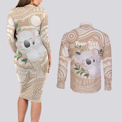 Koala Mum Australia Mother's Day Personalised Couples Matching Long Sleeve Bodycon Dress and Long Sleeve Button Shirt Beige Aboriginal Art