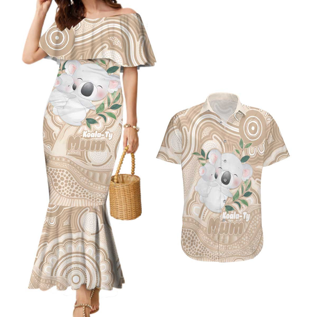 Koala Mum Australia Mother's Day Personalised Couples Matching Mermaid Dress and Hawaiian Shirt Beige Aboriginal Art