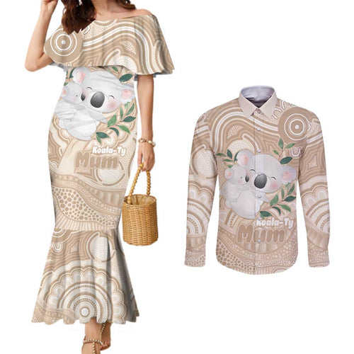 Koala Mum Australia Mother's Day Personalised Couples Matching Mermaid Dress and Long Sleeve Button Shirt Beige Aboriginal Art