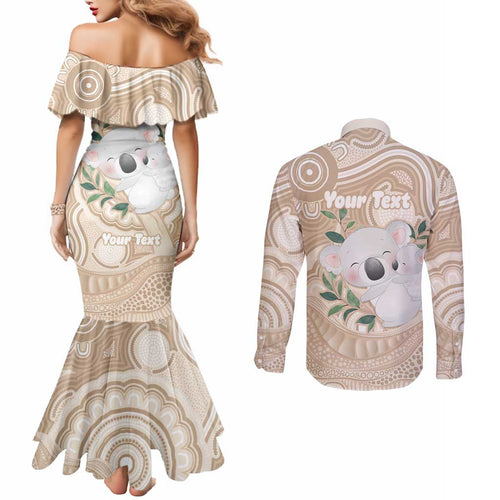 Koala Mum Australia Mother's Day Personalised Couples Matching Mermaid Dress and Long Sleeve Button Shirt Beige Aboriginal Art