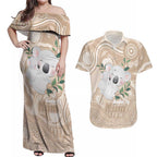 Koala Mum Australia Mother's Day Personalised Couples Matching Off Shoulder Maxi Dress and Hawaiian Shirt Beige Aboriginal Art