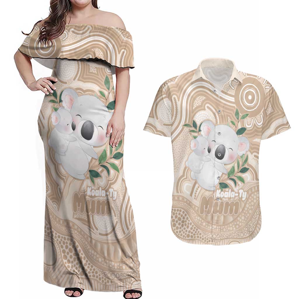 Koala Mum Australia Mother's Day Personalised Couples Matching Off Shoulder Maxi Dress and Hawaiian Shirt Beige Aboriginal Art
