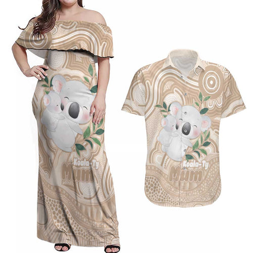 Koala Mum Australia Mother's Day Personalised Couples Matching Off Shoulder Maxi Dress and Hawaiian Shirt Beige Aboriginal Art