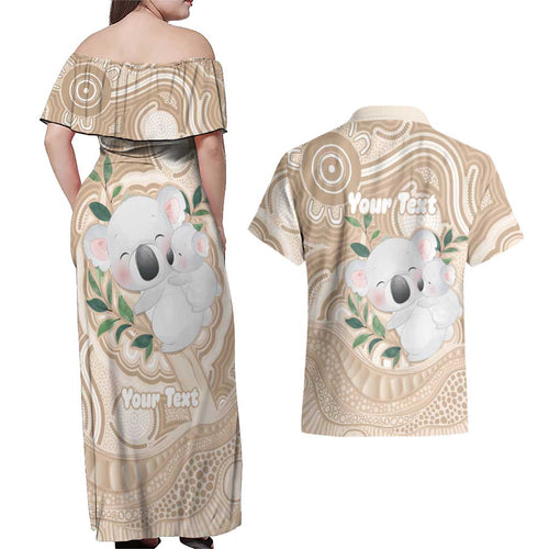 Koala Mum Australia Mother's Day Personalised Couples Matching Off Shoulder Maxi Dress and Hawaiian Shirt Beige Aboriginal Art