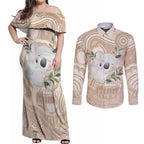 Koala Mum Australia Mother's Day Personalised Couples Matching Off Shoulder Maxi Dress and Long Sleeve Button Shirt Beige Aboriginal Art
