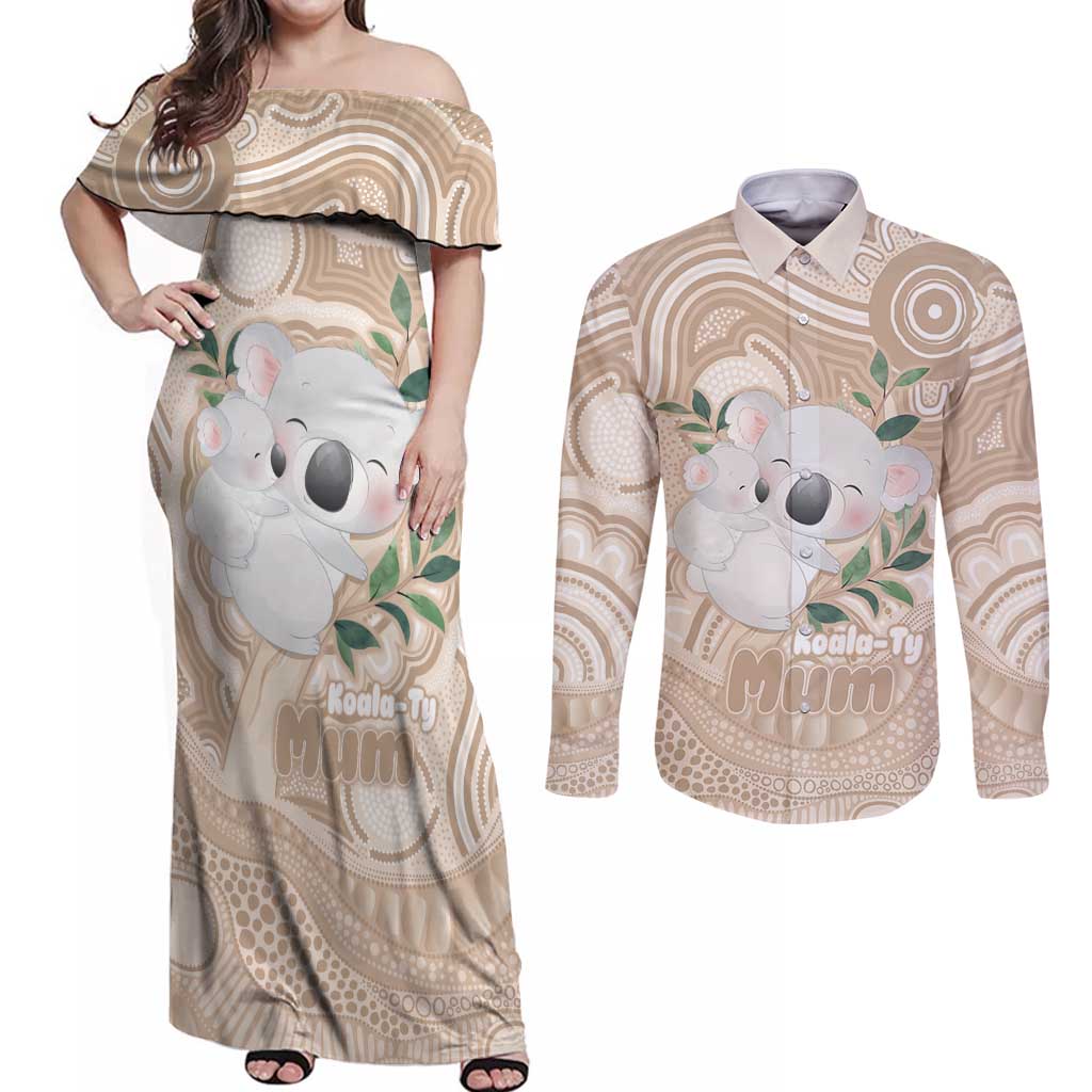 Koala Mum Australia Mother's Day Personalised Couples Matching Off Shoulder Maxi Dress and Long Sleeve Button Shirt Beige Aboriginal Art