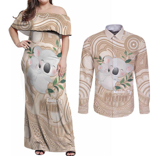 Koala Mum Australia Mother's Day Personalised Couples Matching Off Shoulder Maxi Dress and Long Sleeve Button Shirt Beige Aboriginal Art