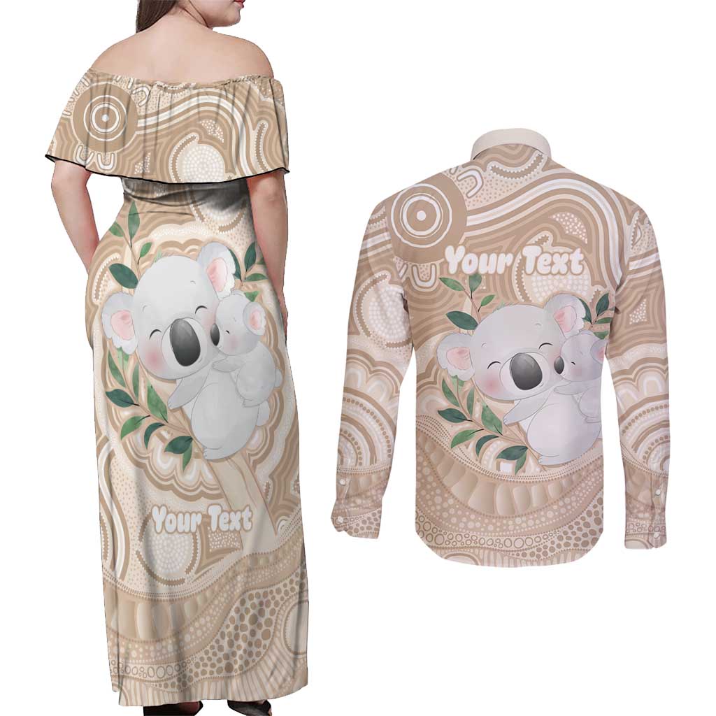 Koala Mum Australia Mother's Day Personalised Couples Matching Off Shoulder Maxi Dress and Long Sleeve Button Shirt Beige Aboriginal Art