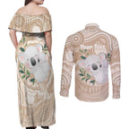 Koala Mum Australia Mother's Day Personalised Couples Matching Off Shoulder Maxi Dress and Long Sleeve Button Shirt Beige Aboriginal Art