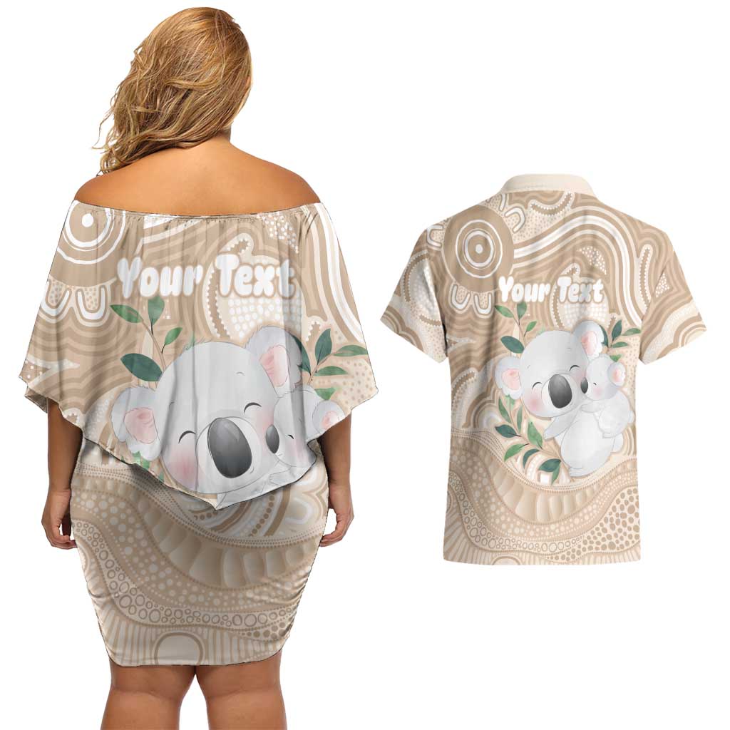 Koala Mum Australia Mother's Day Personalised Couples Matching Off Shoulder Short Dress and Hawaiian Shirt Beige Aboriginal Art
