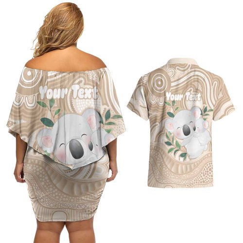 Koala Mum Australia Mother's Day Personalised Couples Matching Off Shoulder Short Dress and Hawaiian Shirt Beige Aboriginal Art