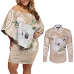 Koala Mum Australia Mother's Day Personalised Couples Matching Off Shoulder Short Dress and Long Sleeve Button Shirt Beige Aboriginal Art