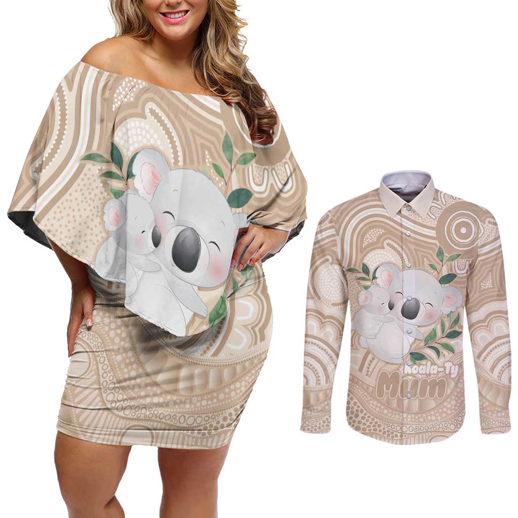 Koala Mum Australia Mother's Day Personalised Couples Matching Off Shoulder Short Dress and Long Sleeve Button Shirt Beige Aboriginal Art