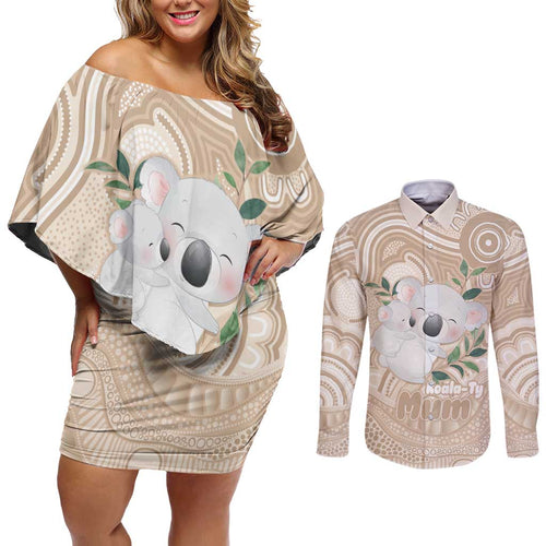 Koala Mum Australia Mother's Day Personalised Couples Matching Off Shoulder Short Dress and Long Sleeve Button Shirt Beige Aboriginal Art