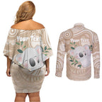 Koala Mum Australia Mother's Day Personalised Couples Matching Off Shoulder Short Dress and Long Sleeve Button Shirt Beige Aboriginal Art