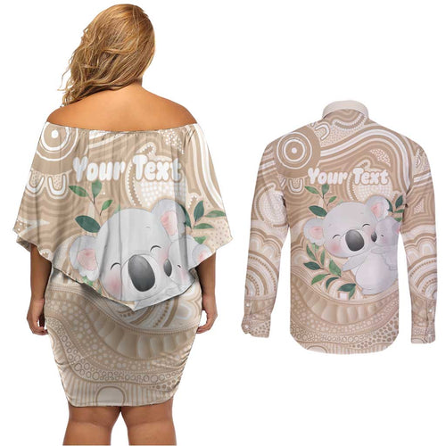 Koala Mum Australia Mother's Day Personalised Couples Matching Off Shoulder Short Dress and Long Sleeve Button Shirt Beige Aboriginal Art