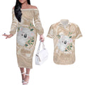 Koala Mum Australia Mother's Day Personalised Couples Matching Off The Shoulder Long Sleeve Dress and Hawaiian Shirt Beige Aboriginal Art