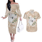 Koala Mum Australia Mother's Day Personalised Couples Matching Off The Shoulder Long Sleeve Dress and Hawaiian Shirt Beige Aboriginal Art