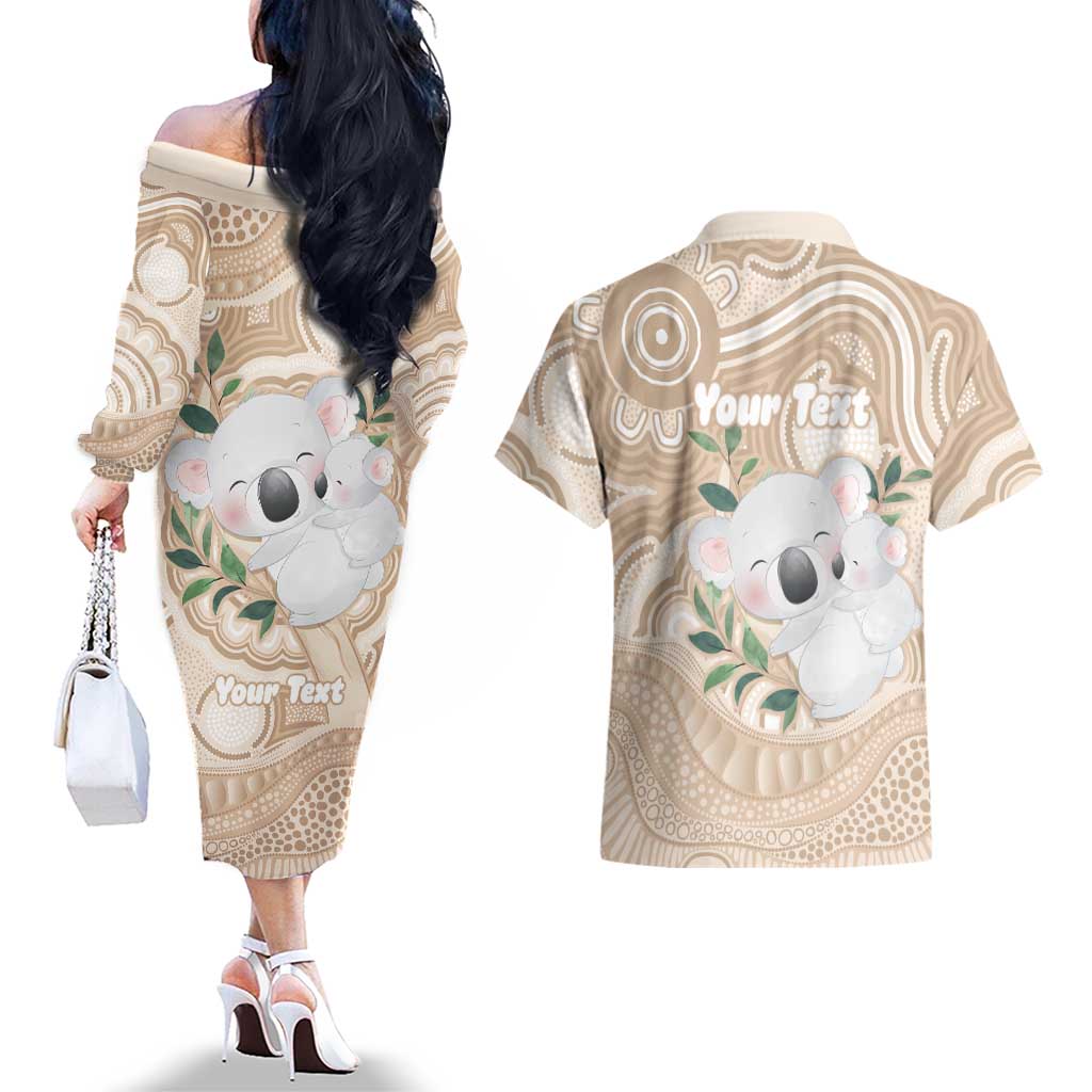 Koala Mum Australia Mother's Day Personalised Couples Matching Off The Shoulder Long Sleeve Dress and Hawaiian Shirt Beige Aboriginal Art