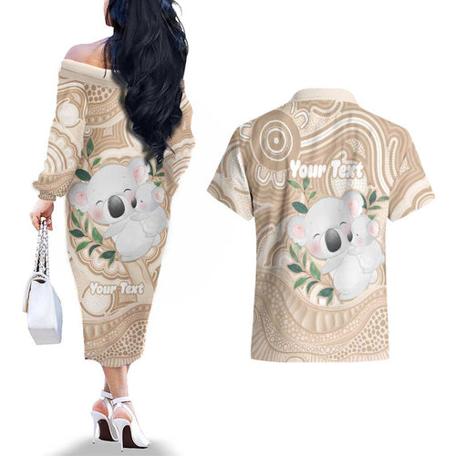 Koala Mum Australia Mother's Day Personalised Couples Matching Off The Shoulder Long Sleeve Dress and Hawaiian Shirt Beige Aboriginal Art