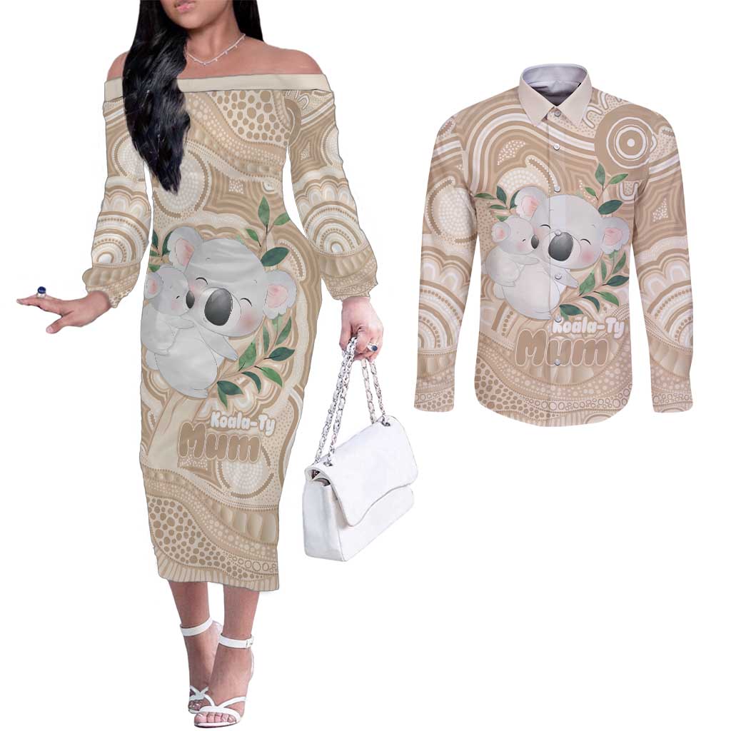 Koala Mum Australia Mother's Day Personalised Couples Matching Off The Shoulder Long Sleeve Dress and Long Sleeve Button Shirt Beige Aboriginal Art