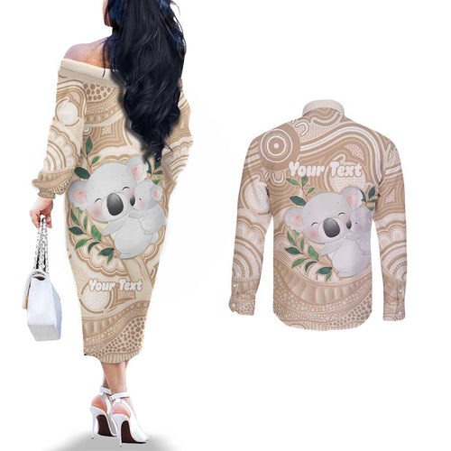 Koala Mum Australia Mother's Day Personalised Couples Matching Off The Shoulder Long Sleeve Dress and Long Sleeve Button Shirt Beige Aboriginal Art