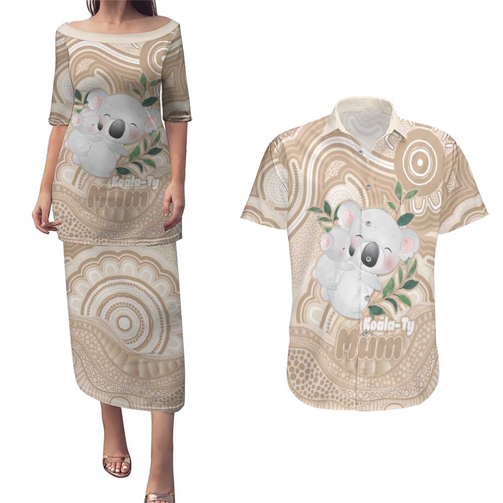 Koala Mum Australia Mother's Day Personalised Couples Matching Puletasi and Hawaiian Shirt Beige Aboriginal Art